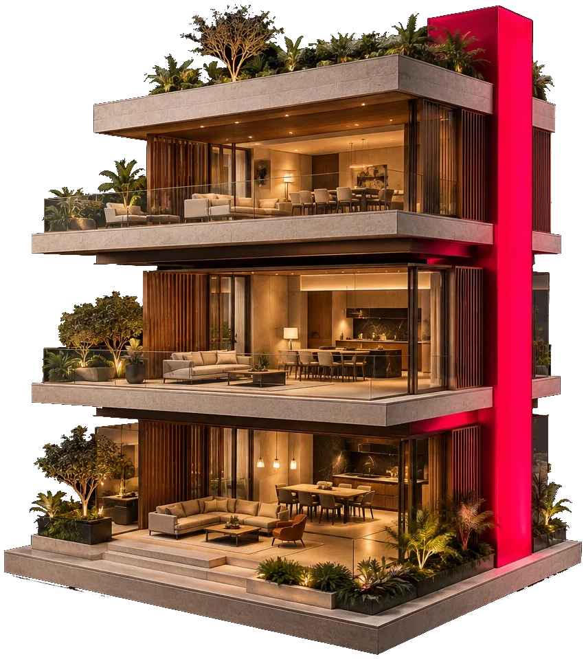 Maquete conceitual de um edifício brasileiro com pavimentos expostos e uma estrutura em rosa
