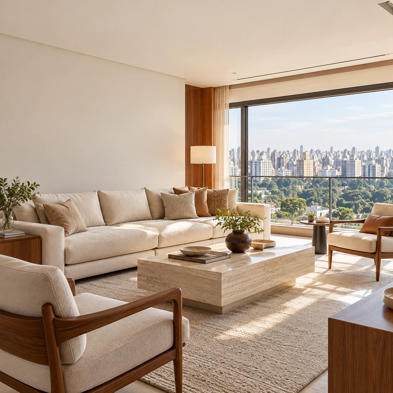 Composição de um apartamento de alto padrão com living integrado e vista urbana de São Paulo