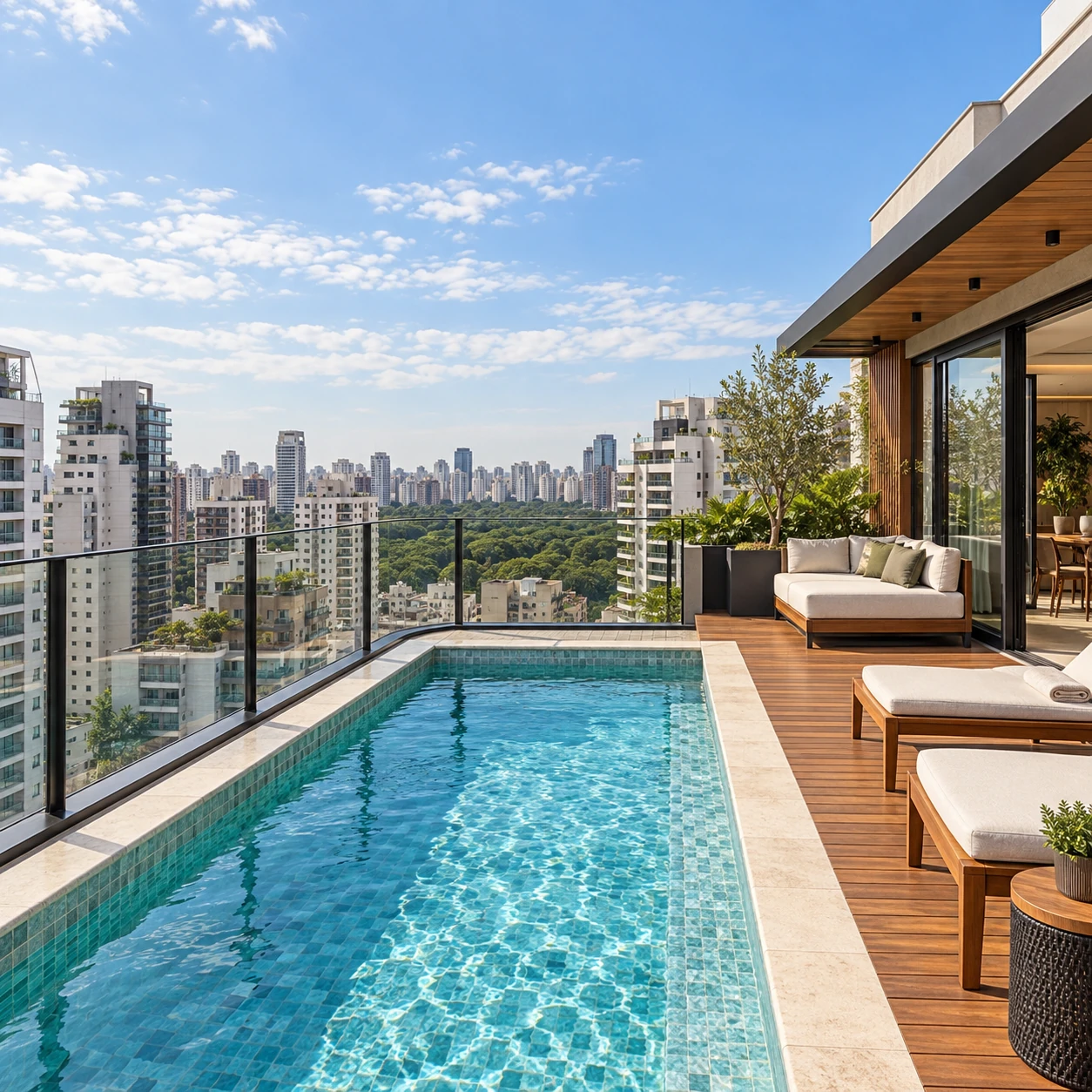 Composição de uma cobertura brasileira com piscina privativa, deck e vista urbana de São Paulo