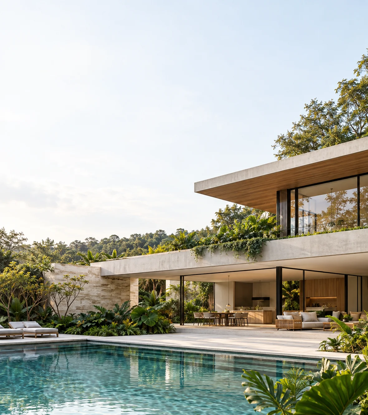 Composição de uma casa contemporânea com jardim, piscina e arquitetura integrada à natureza