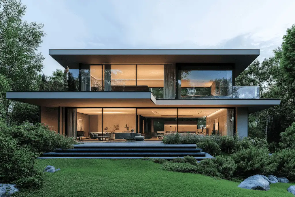Fachada de casa moderna com grandes janelas de vidro, iluminação quente e jardim verde ao redor, cercada por árvores e natureza.
