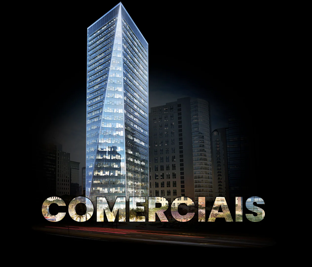 Torre corporativa iluminada à noite sobre a palavra Comerciais