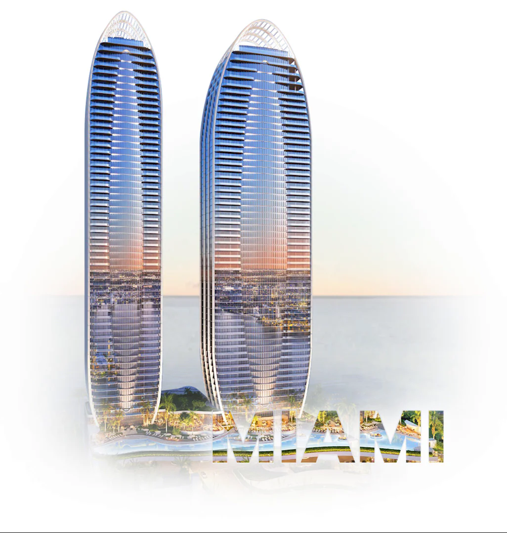Torres residenciais à beira-mar em Miami sobre a palavra Miami